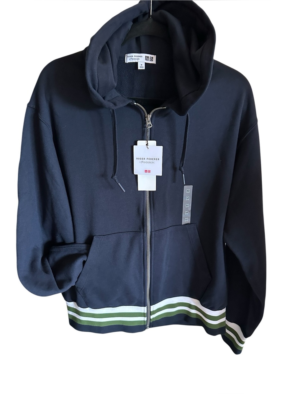 Navy Zip-Up Hooded Bomber with Green-White Striped Hem
